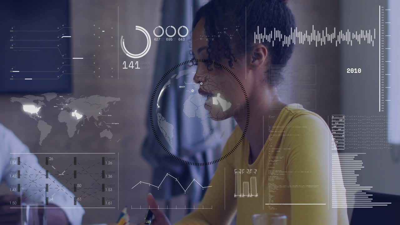Midcareer woman leading business meeting leaning and gesturing HUD charts animating explaining data