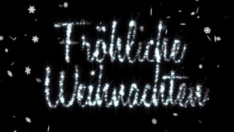 Animation-of-frohliche-weihnachten-text-over-snow-falling-on-black-background