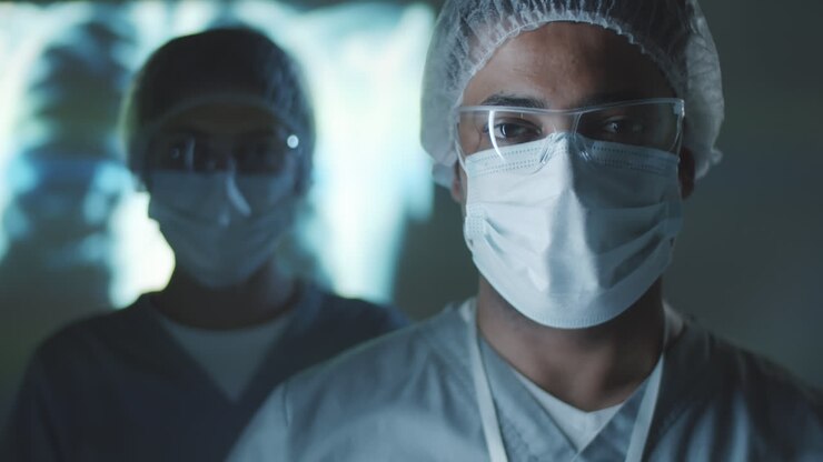 Ritratto di medici in divisa protettiva