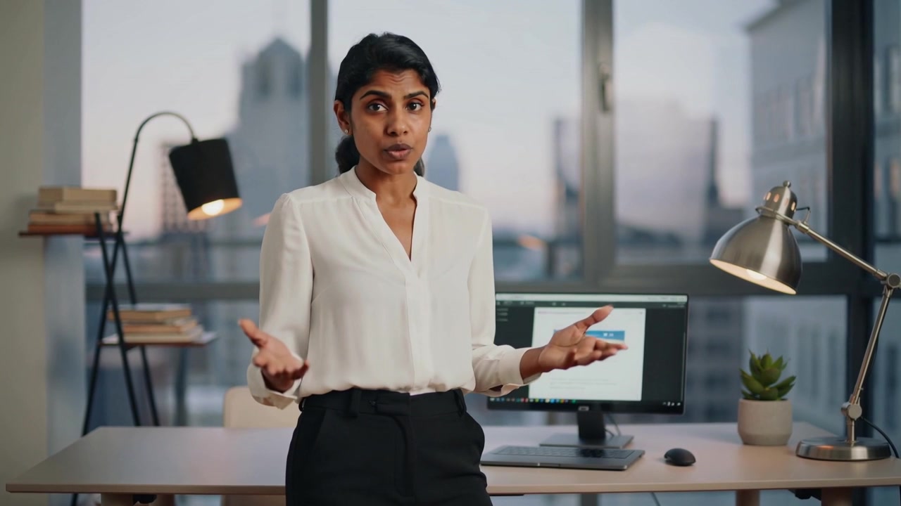 Recording Indian woman gesturing and explaining at desk with monitor, white blouse dark trousers
