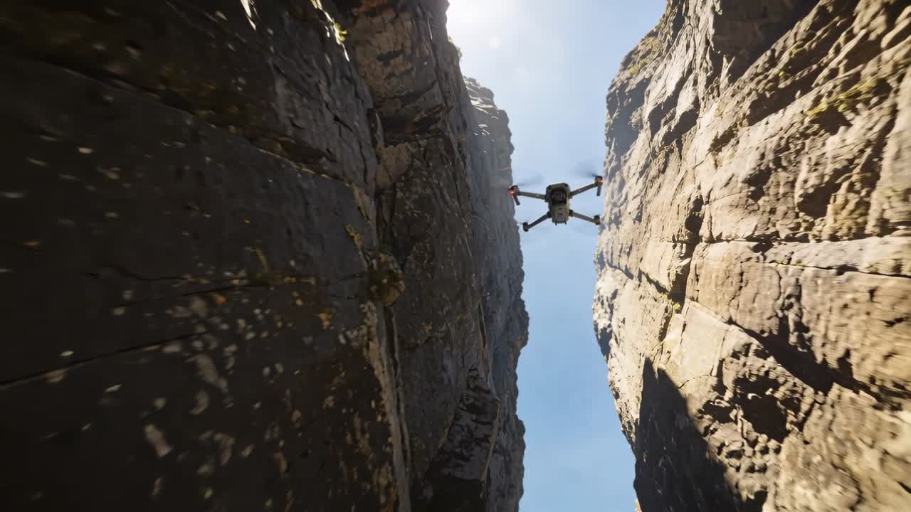 Drone multirotore in lancio che si muove attraverso uno stretto canyon verticale, mostrando i bracci del rotore e il carrello d'atterraggio.