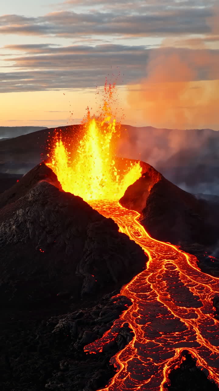 Spettacolare eruzione vulcanica con colata lavica incandescente al tramonto