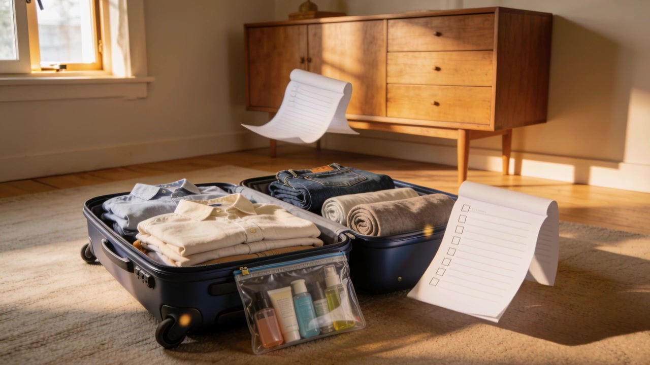 Lifting loose papers window breeze carrying across at home to open navy suitcase with folded shirts