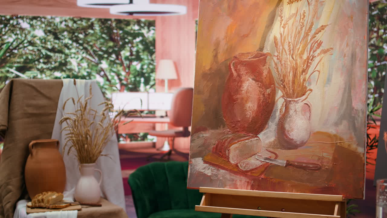 Still Life Painting with Wheat, Pottery, and Bread