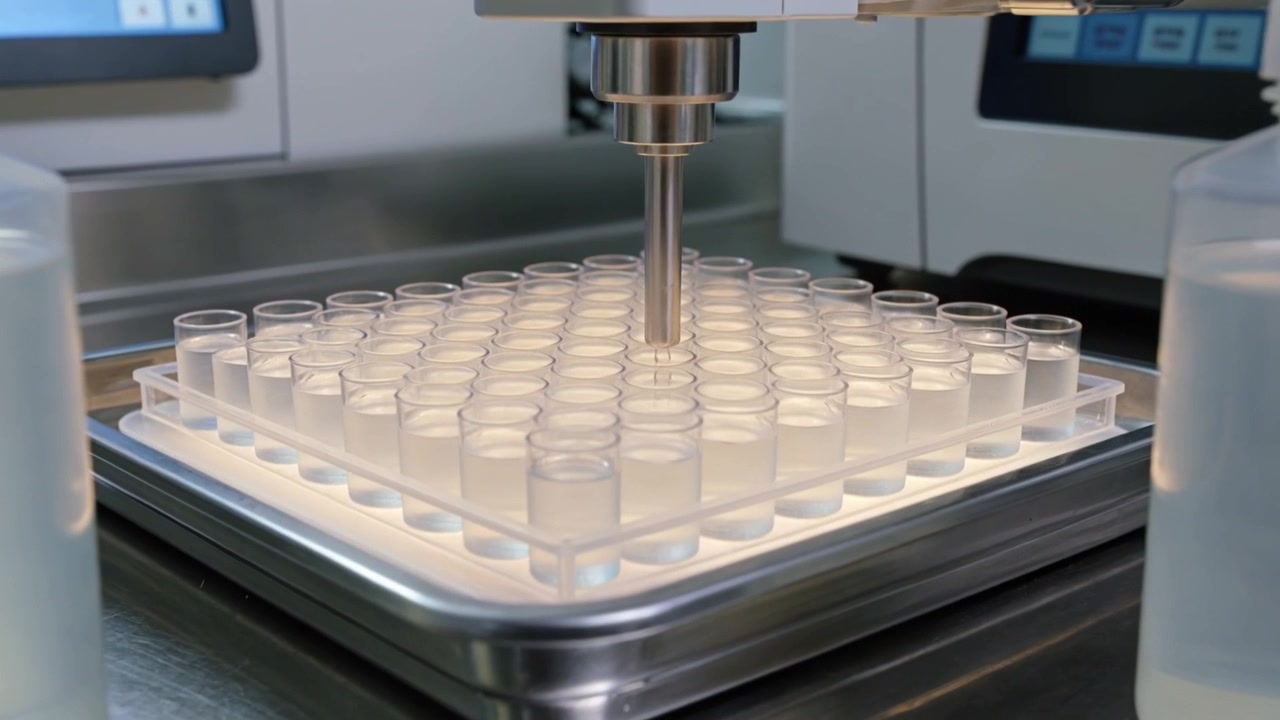 Lowering auto dispensing probe on program start, aligning and touching clear tube rack at lab bench