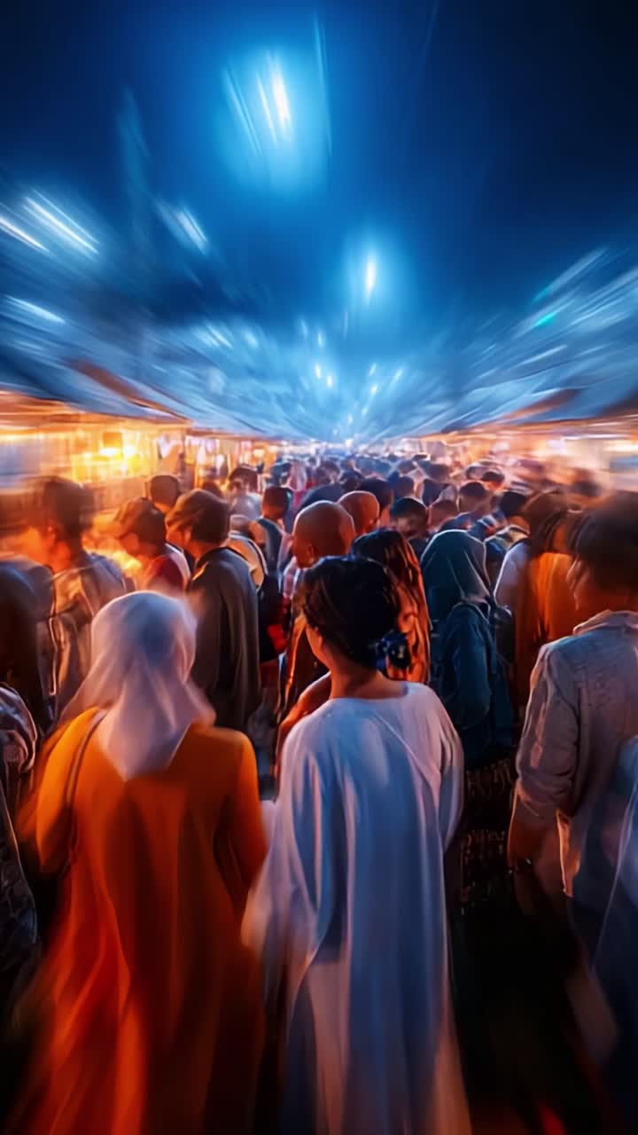 Un vivace mercato notturno: una scena affollata di visitatori che si godono l'atmosfera e le bancarelle sotto le luci scintillanti di un ambiente urbano frenetico
