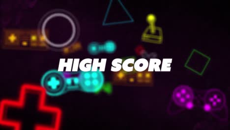 Animation-of-high-score-text-banner-over-neon-video-game-controller-icons-on-black-background