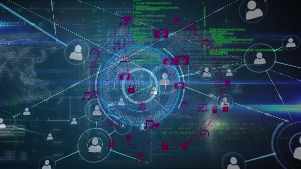 Animation of network of connections with icons over data processing on black background