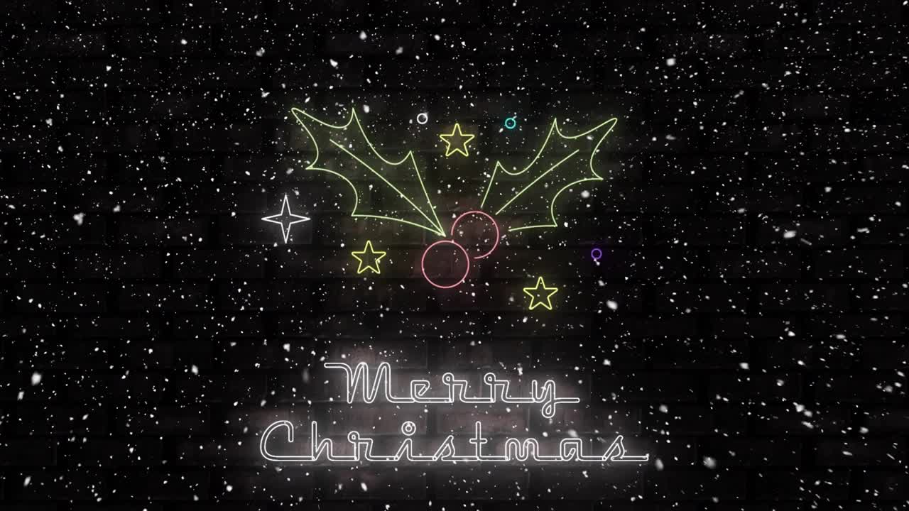 Snowfall starting over black, neon holly emblem glowing with Merry Christmas text welcoming season