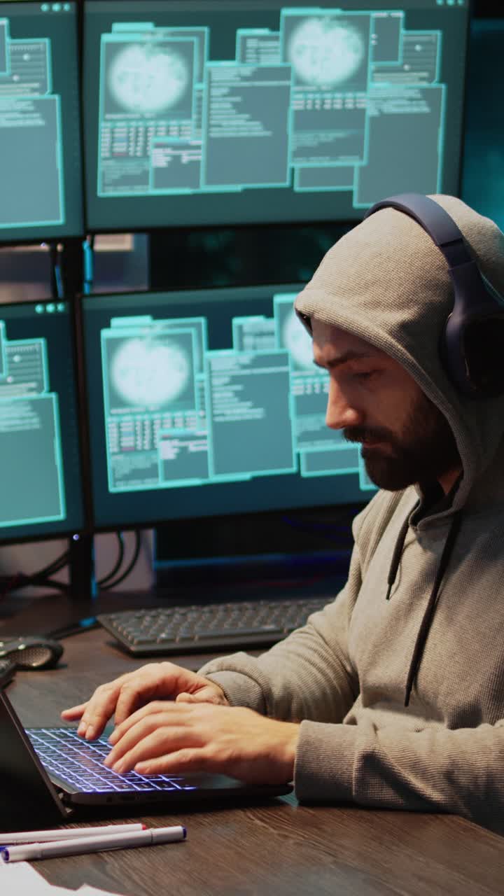 Vertical video: Hacker coder hacking system at night using virus