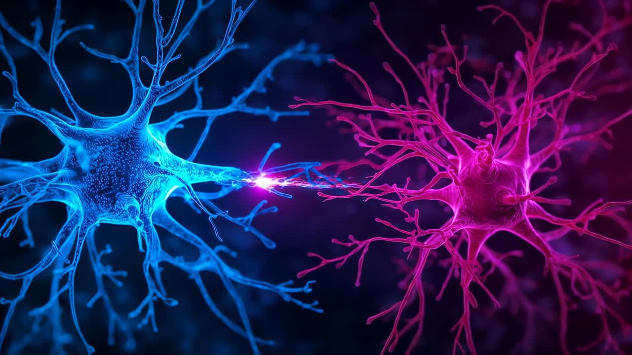 Pulse appearing on axon tip causing blue neuron sending signal across synapse, microscopic close-up