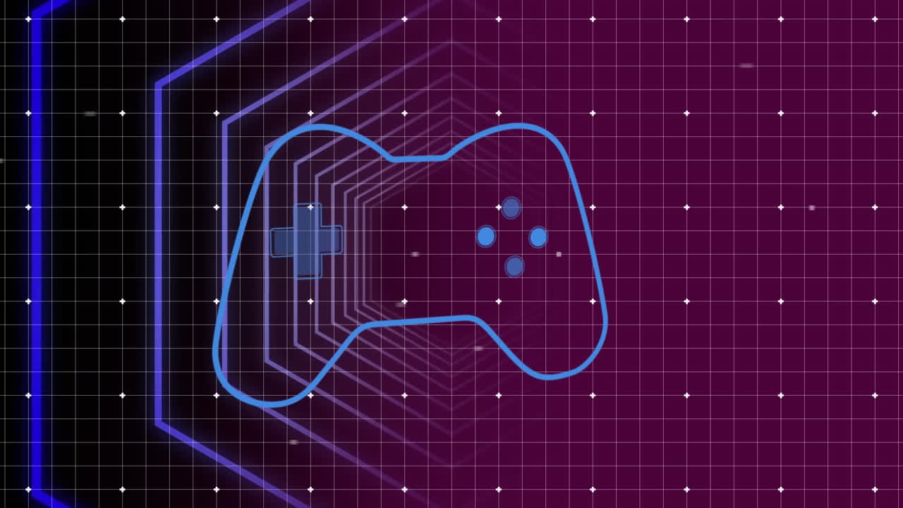 비디오 게임 컨트롤러의 애니메이션은 보라색 배경에 6각형 모양의 원활한 패턴으로