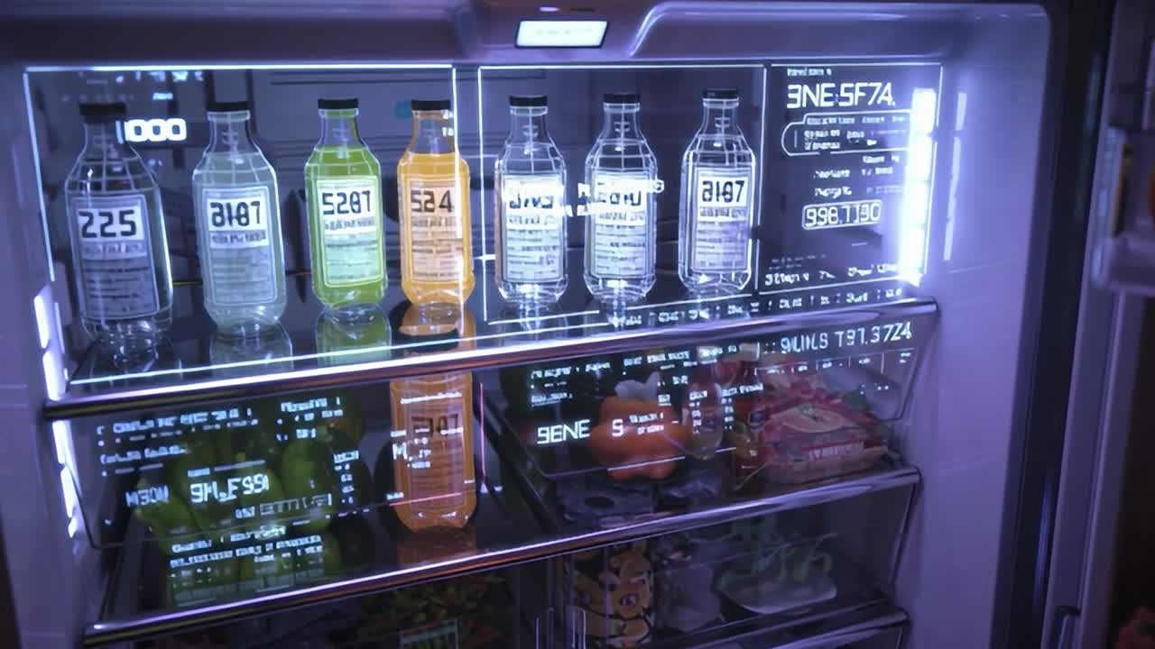 Bevande colorate in un frigorifero moderno con tecnologia di visualizzazione avanzata.