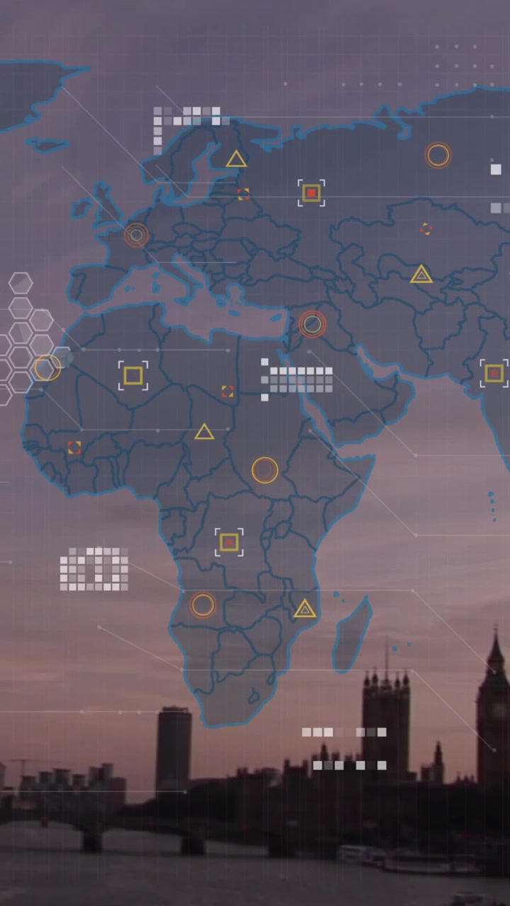 Animation of world map and data processing over london cityscape