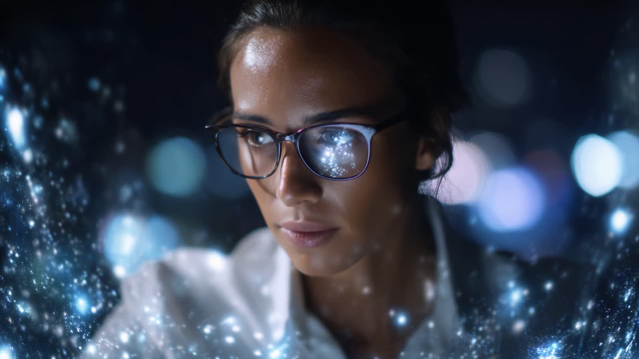 Una donna concentrata con gli occhiali, immersa in un paesaggio onirico cosmico, che esplora un universo di stelle e luci, riflettendo un pensiero profondo e creatività in un ambiente digitale
