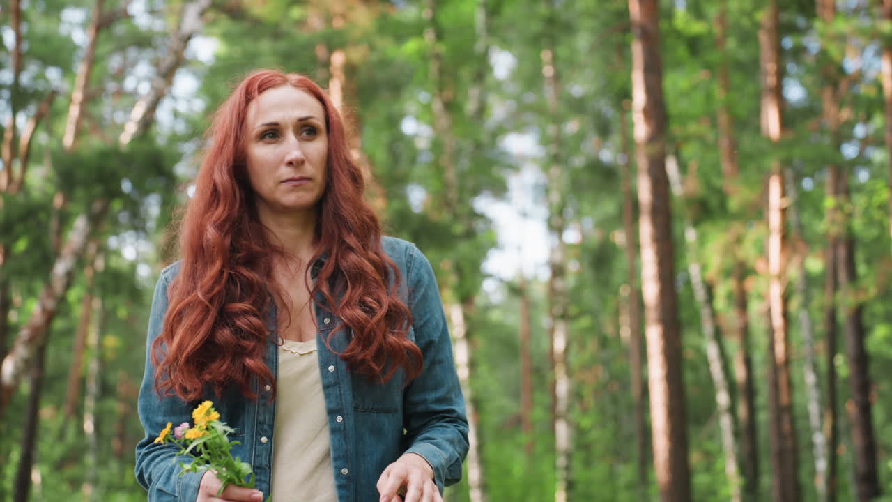 Medium shot of young mom with long red hair gently picking yellow flowers in peaceful forest, surrounded by sunlight and greenery, capturing calm mood, and connection with nature