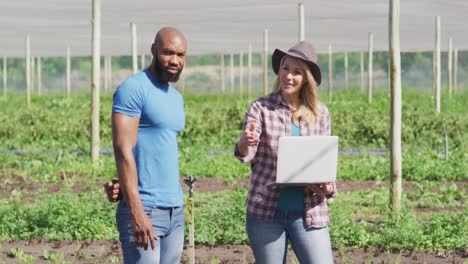 video of diverse woman and man with laptop talking in greenhouse