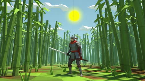 a brave warrior in a lush bamboo forest, seized by the calmness of nature, sword ready for action in a vibrant low-poly environment with towering greenery