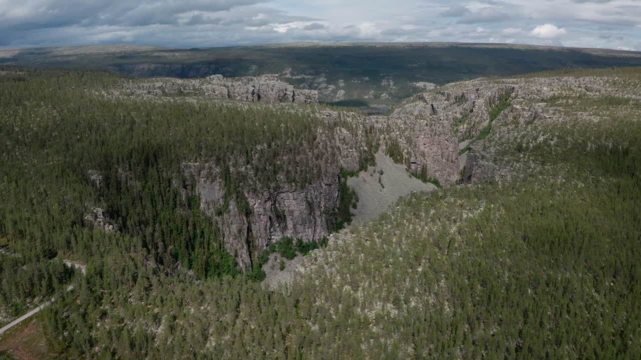Sweeping aerial of forest-covered canyon cliffs and rugged terrain in remote Norway