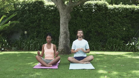 Una-Joven-Afroamericana-Y-Un-Joven-Caucásico-Meditando-Al-Aire-Libre