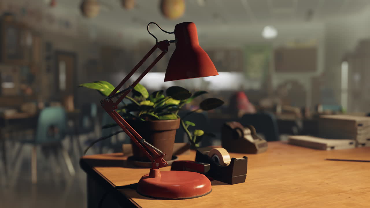 lámpara de escritorio roja en un escritorio de madera en un aula