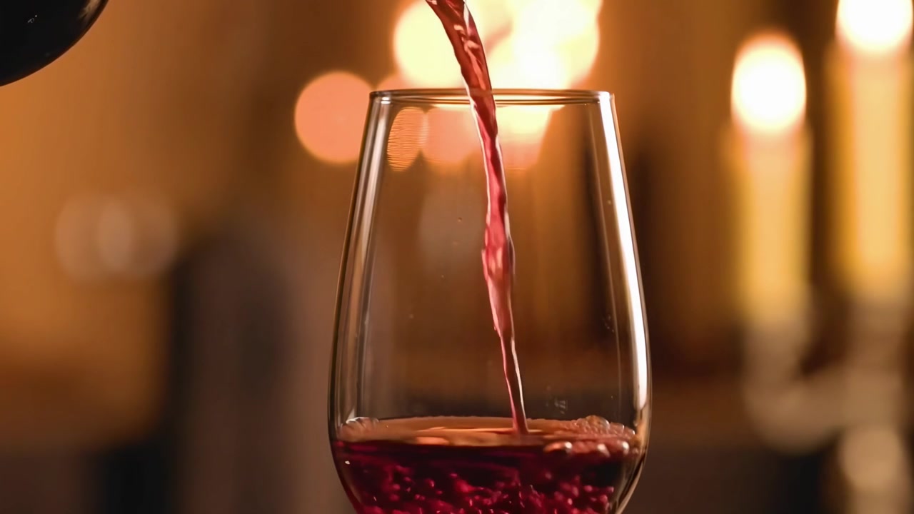 Vino rosso versato in un bicchiere con sfondo a lume di candela