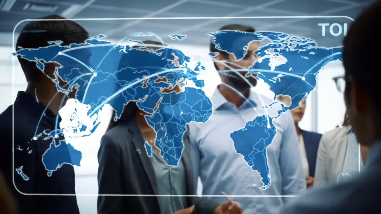 A Collaborative Global Discussion: A Group of Professionals Engaging Around a Digital World Map with Interactive Data Points Highlighting International Connections