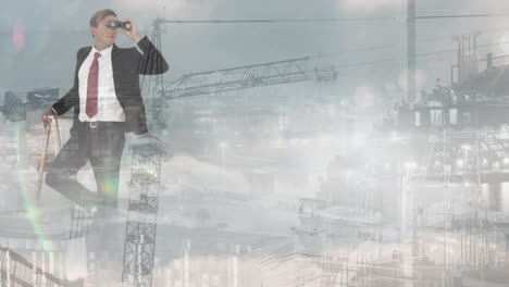 animation of businessman with binoculars over cityscape with data processing