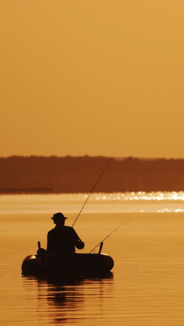 silhouette of a man in hat fishing from the boat on the evening river background. beautiful sunset and a fisherman catching fish from the inflatable boat in the open water. vertical video