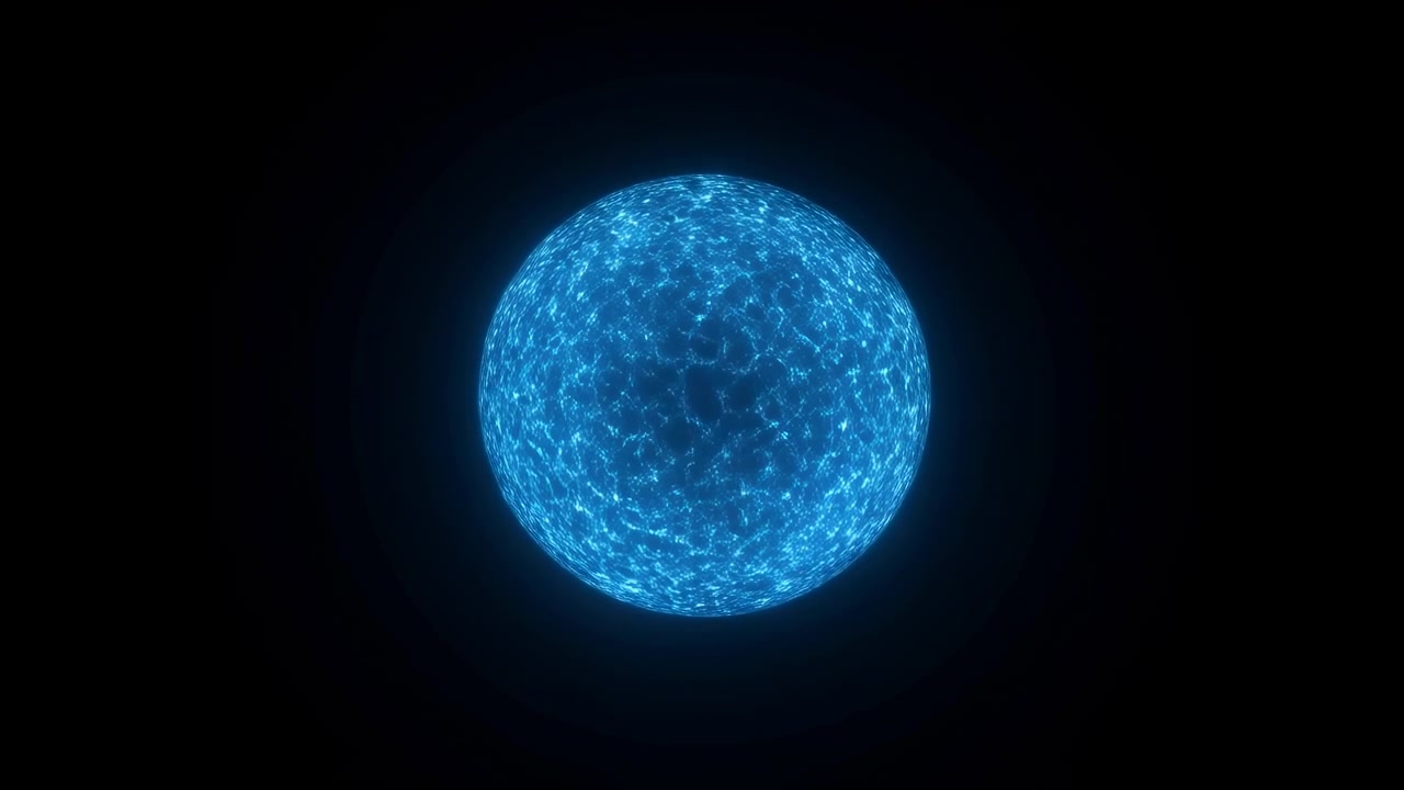 Vista frontale di una sfera blu luminosa su sfondo scuro, che mostra filamenti luminosi, ammassi di particelle granulari, un bordo con alone morbido e una composizione astratta centrata ad alto contrasto e dettagliata