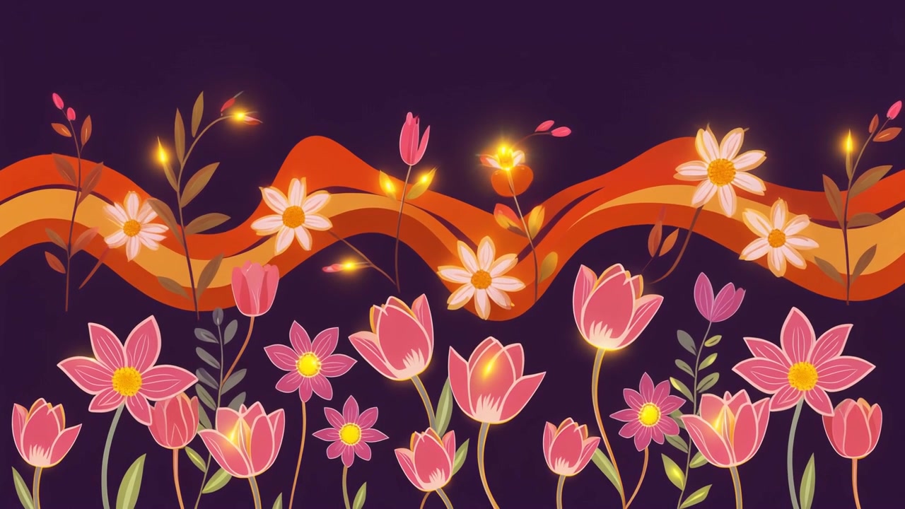 Animated Retro Floral Pattern with Wavy Orange Background