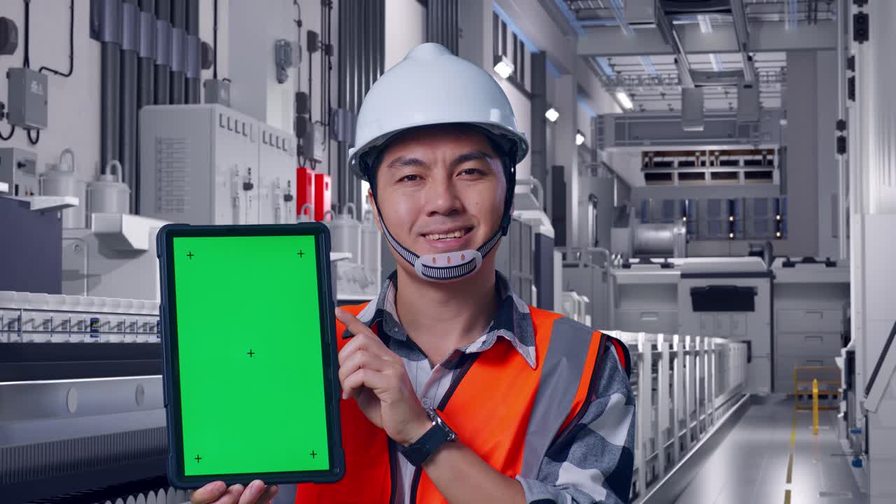 Close Up Of Asian Male Engineer With Safety Helmet Smiling And Showing Green Screen Tablet To The Camera While Standing At Pharmaceutical Factory, Vaccine Production Facility