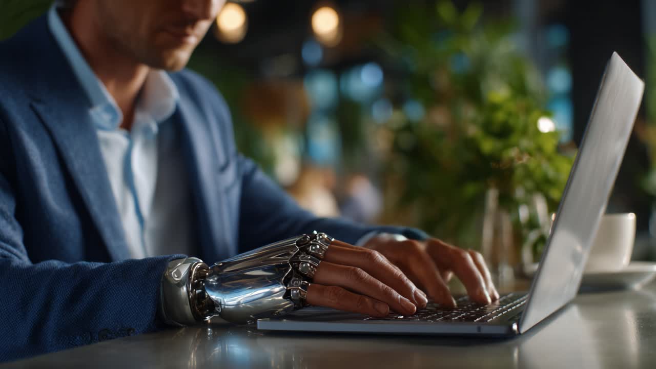 A focused individual with a robotic arm works diligently on a laptop in a contemporary cafe setting, showcasing the integration of technology and human ability