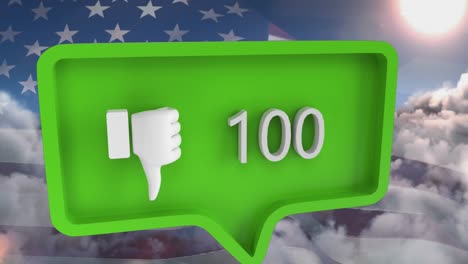 Animation-of-unlike-icon-with-numbers-on-speech-bubble-with-flag-of-usa