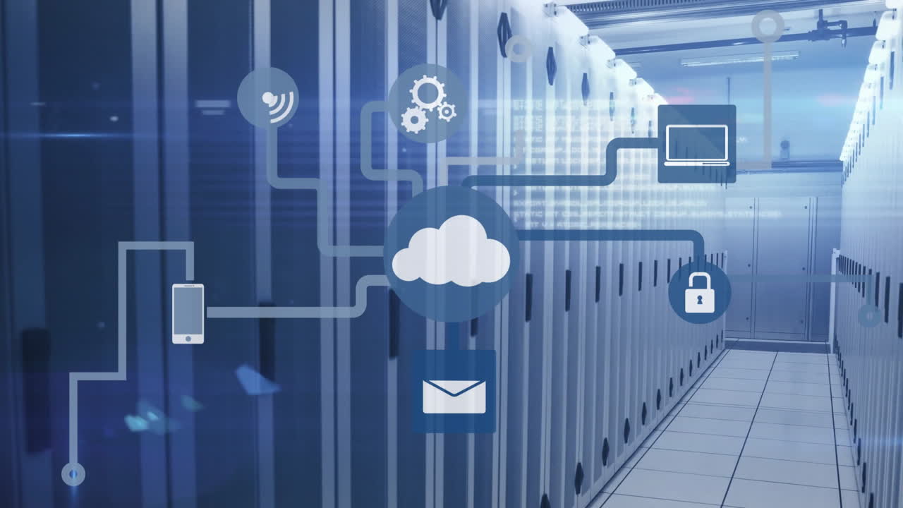 animación del procesamiento de datos y los iconos de los medios en la sala del servidor