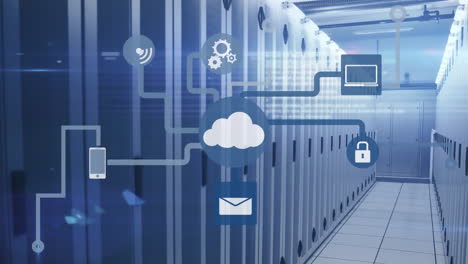 animazione dell'elaborazione dei dati e delle icone multimediali sulla sala server