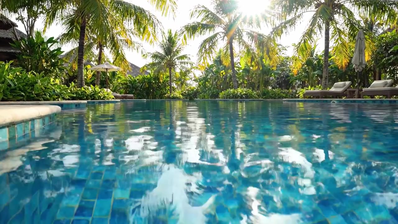Fredfyldt resort-oase: En rolig swimmingpool omgivet af frodige tropiske palmer, glitrende vand, der reflekterer gyldent sollys i paradisiske omgivelser
