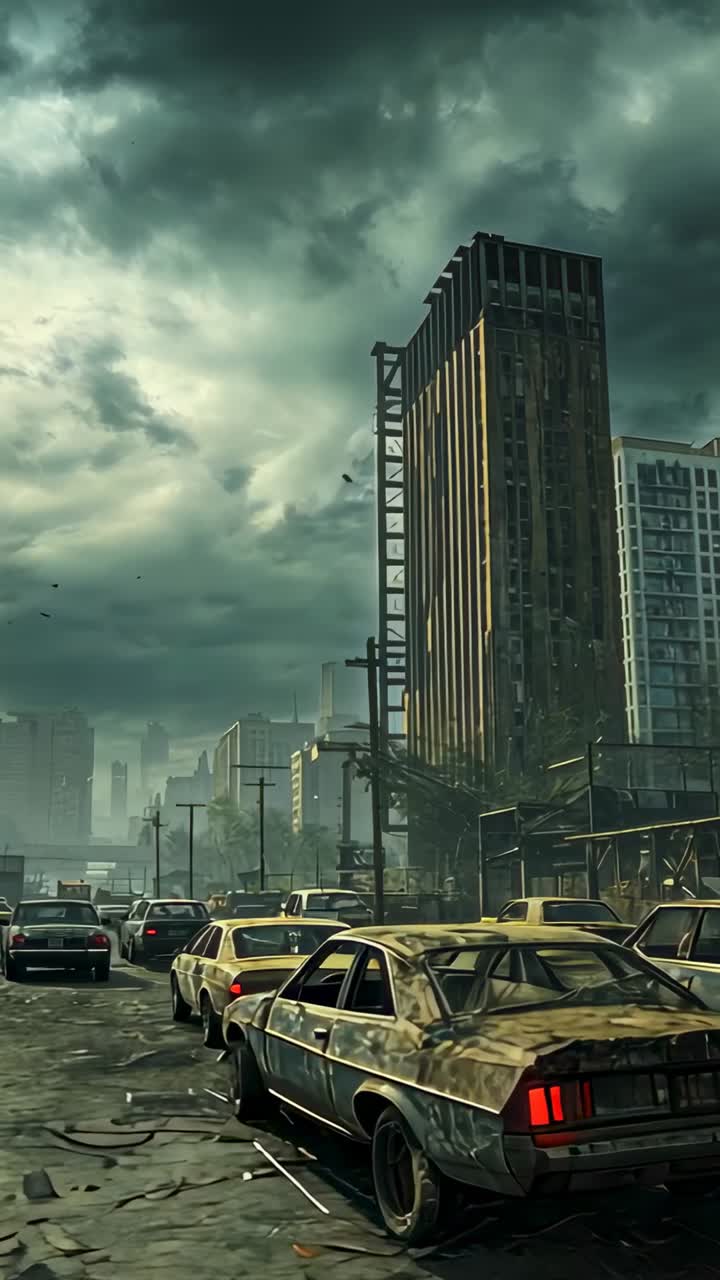 Vertical video: Striking lightning bolts illuminating urban road during storm, with rusting sedans