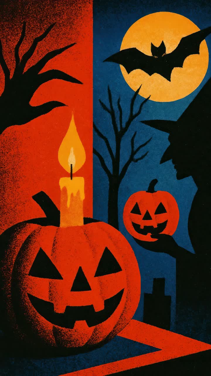 Vintage Halloween scene with a witch and jack-o'-lanterns, silhouetted against a moonlit sky