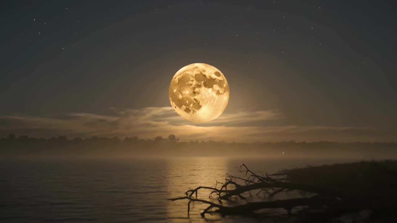 Lua cheia brilhante afundando no horizonte sobre água calma, a noite aprofundando e ampliando o reflexo, toras.