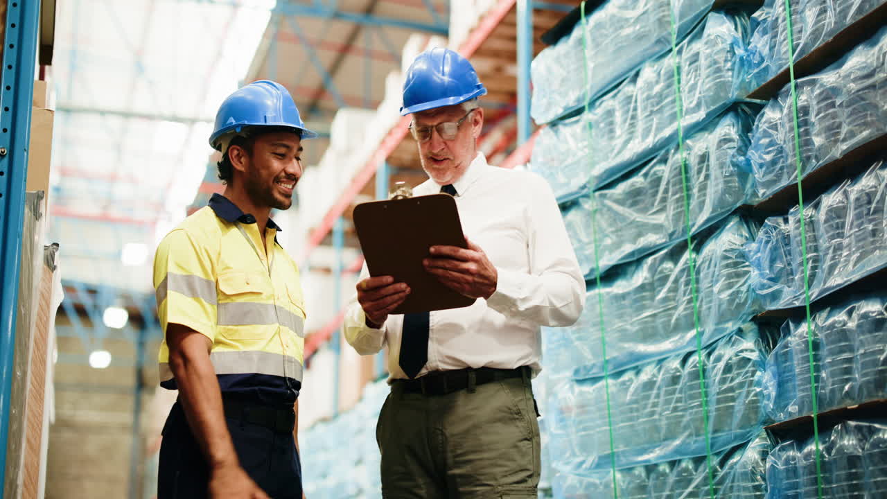 Warehouse Manager and Worker Discussing Operations with Clipboard