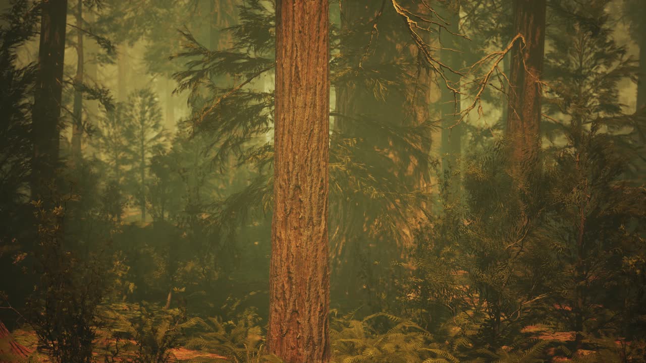 캘리포니아 의 세코이아 국립 공원 에서 여름 에 거대한 세코이아 나무 들 을  ⁇ 고 있다