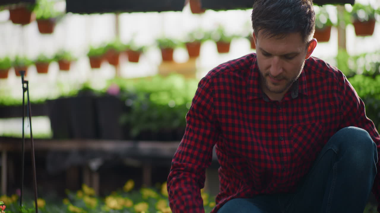 Gardener Tending Flowers in a Greenhouse