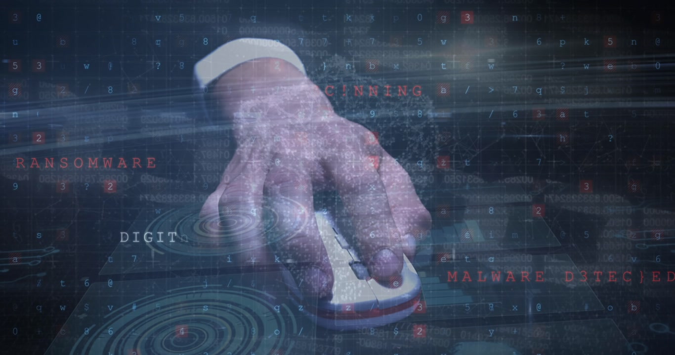 Animation of block chain and hands of caucasian male hacker on black background