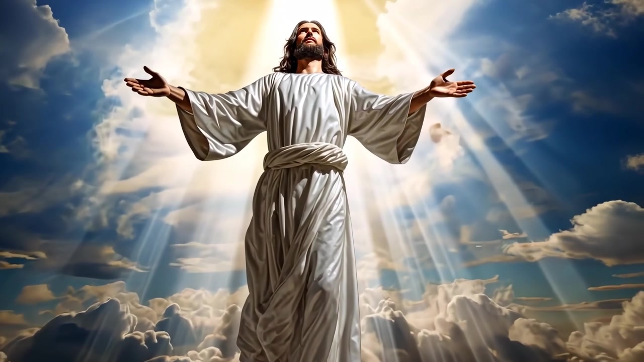 Gesù Cristo con le Braccia Distese in un Cielo Celestiale con Luce Divina