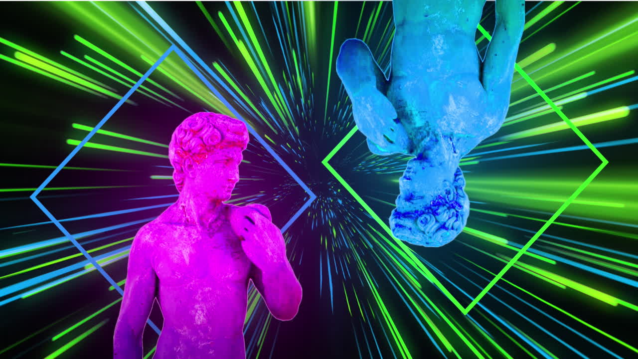 animación de esculturas antiguas sobre senderos de luz de neón verde y azul