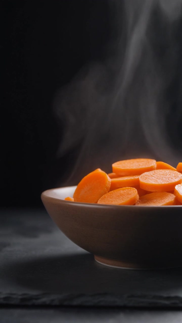 Steaming Bowl of Freshly Sliced Carrots on Dark Background