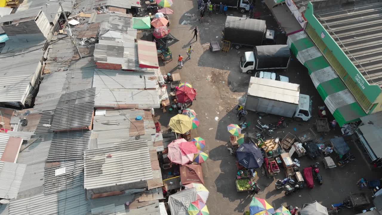 Aerial drone shot over Cartagena's fish market place