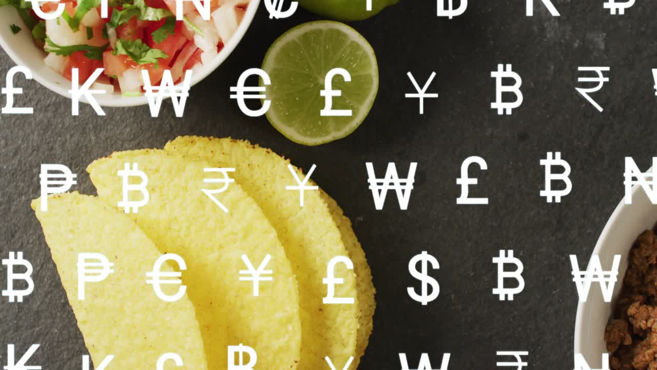 On start, white currency symbols floating across salsa bowl and chips, representing market impact