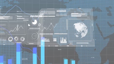 Animación-De-La-Interfaz-Con-Procesamiento-De-Datos-Estadísticos-Sobre-El-Mapa-Mundial-Sobre-Fondo-Gris